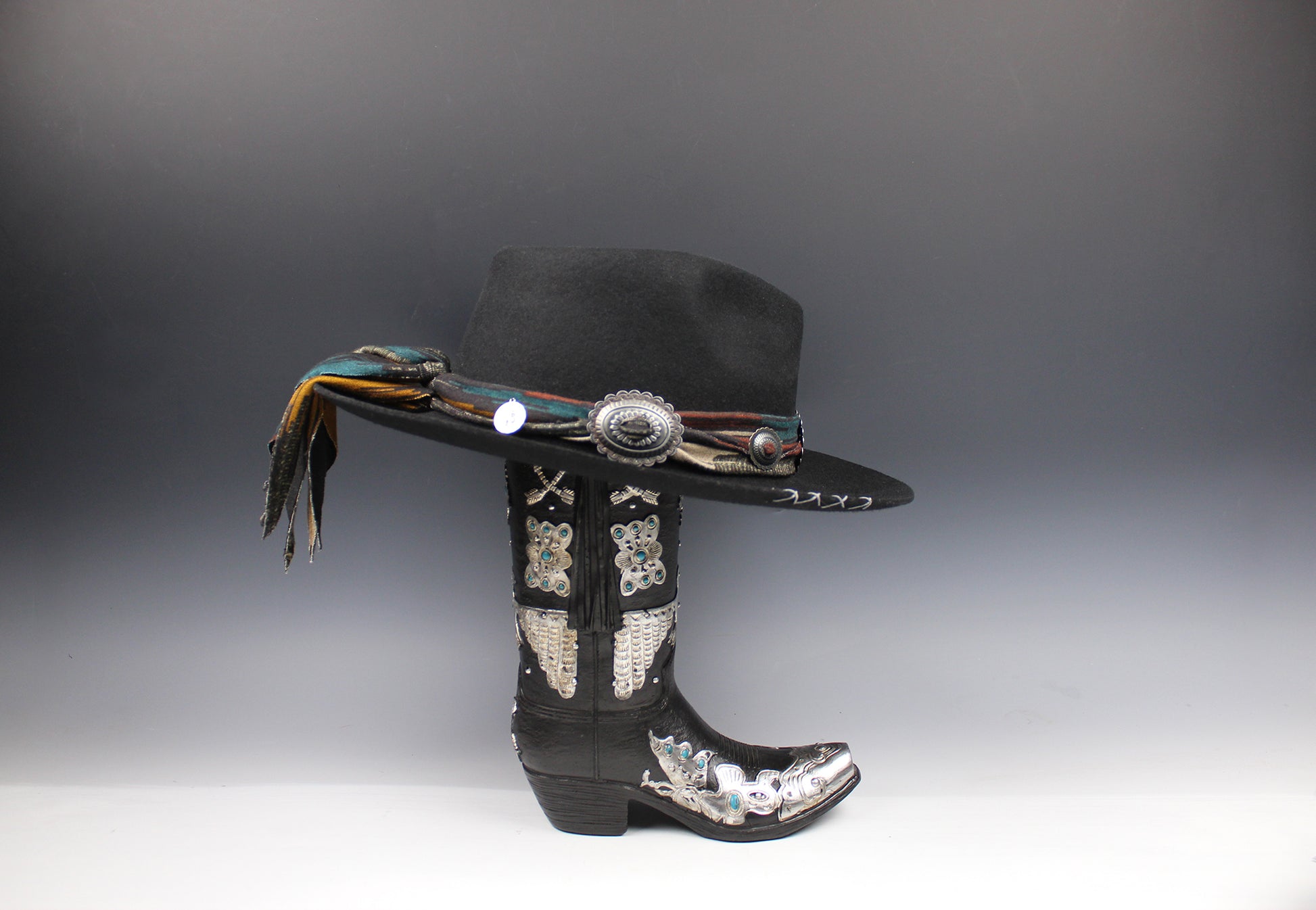 One Of A Kind Fedora - Size XL - Black With Blue Detailing & Brushed Conchos