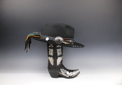 One Of A Kind Fedora - Size XL - Black With Blue Detailing & Brushed Conchos