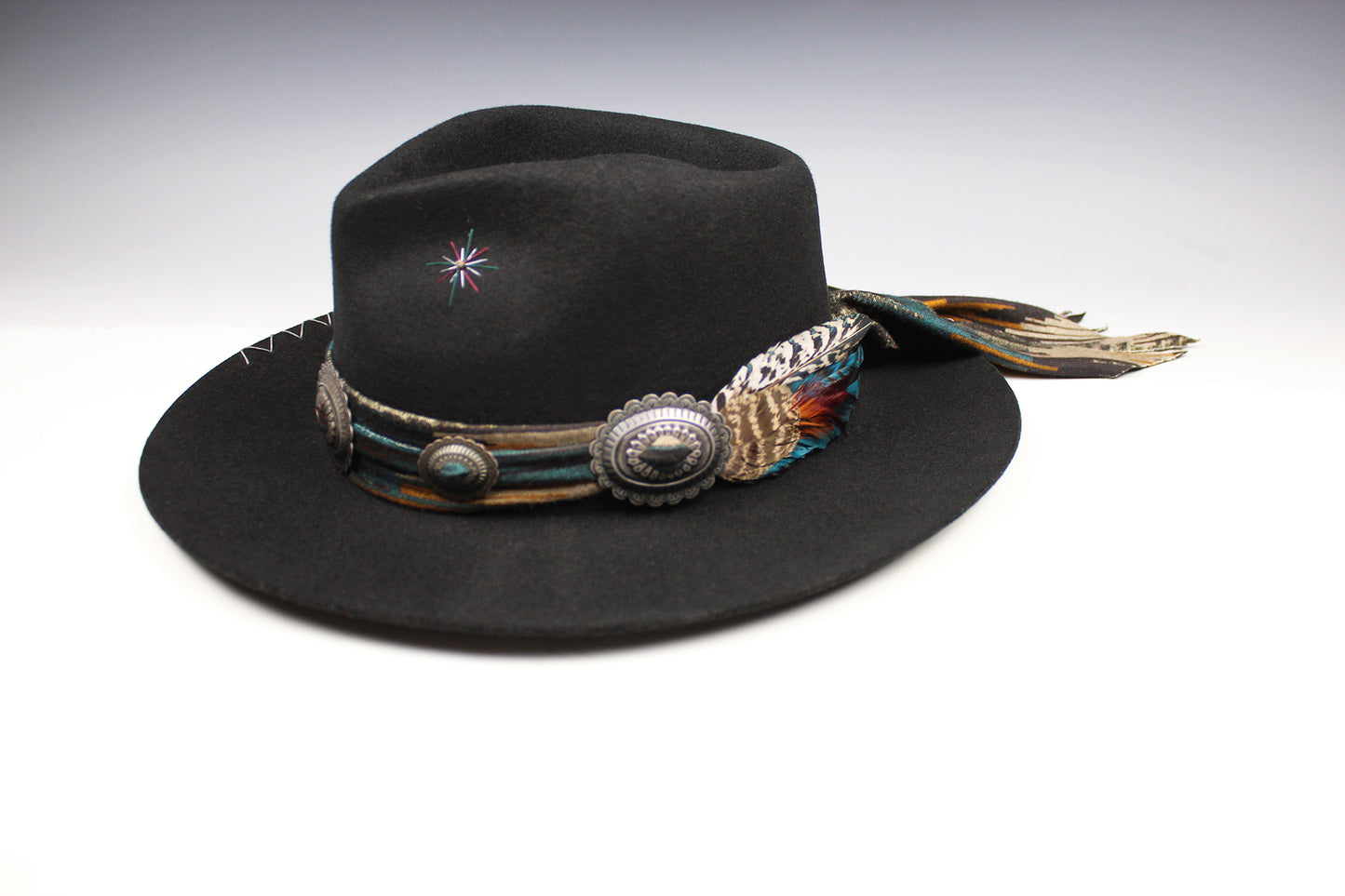 One Of A Kind Fedora - Size XL - Black With Blue Detailing & Brushed Conchos