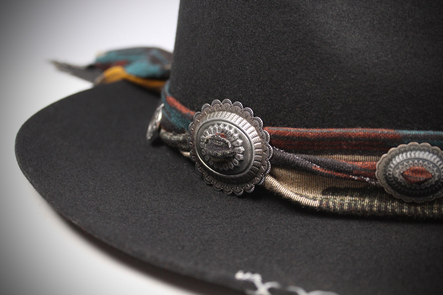 One Of A Kind Fedora - Size XL - Black With Blue Detailing & Brushed Conchos