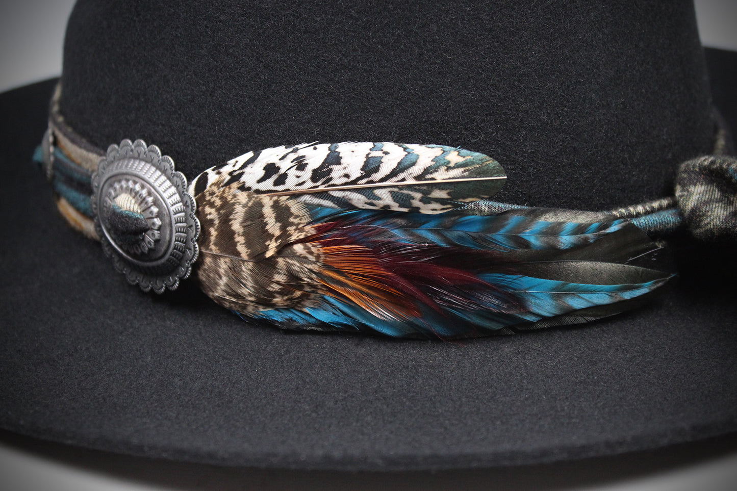 One Of A Kind Fedora - Size XL - Black With Blue Detailing & Brushed Conchos