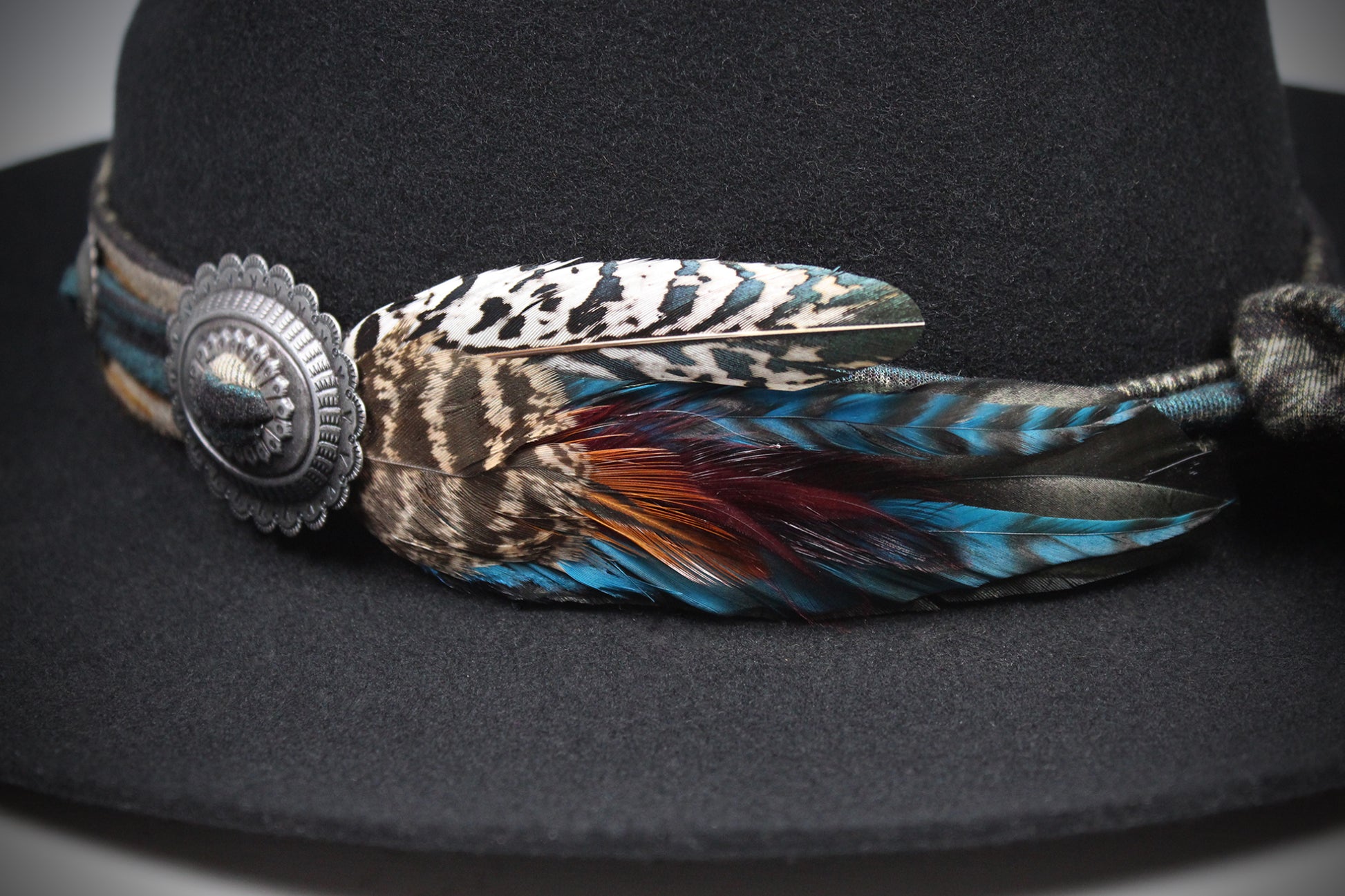 One Of A Kind Fedora - Size XL - Black With Blue Detailing & Brushed Conchos