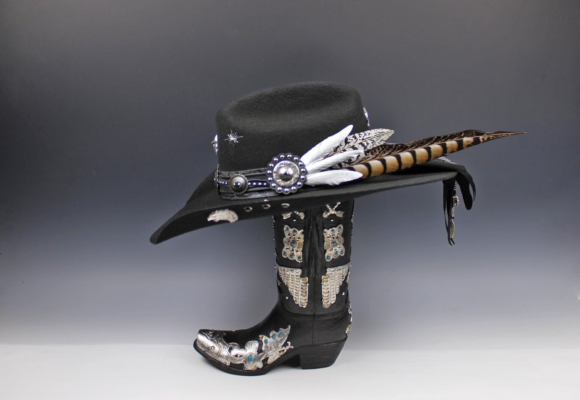 The Outlaw : Gunslinger Style Cowboy Hat with skull conchos and poker cards