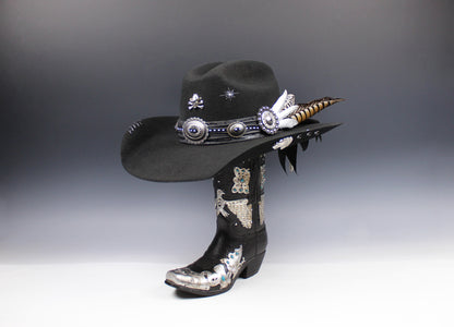 The Outlaw : Gunslinger Style Cowboy Hat with skull conchos and poker cards