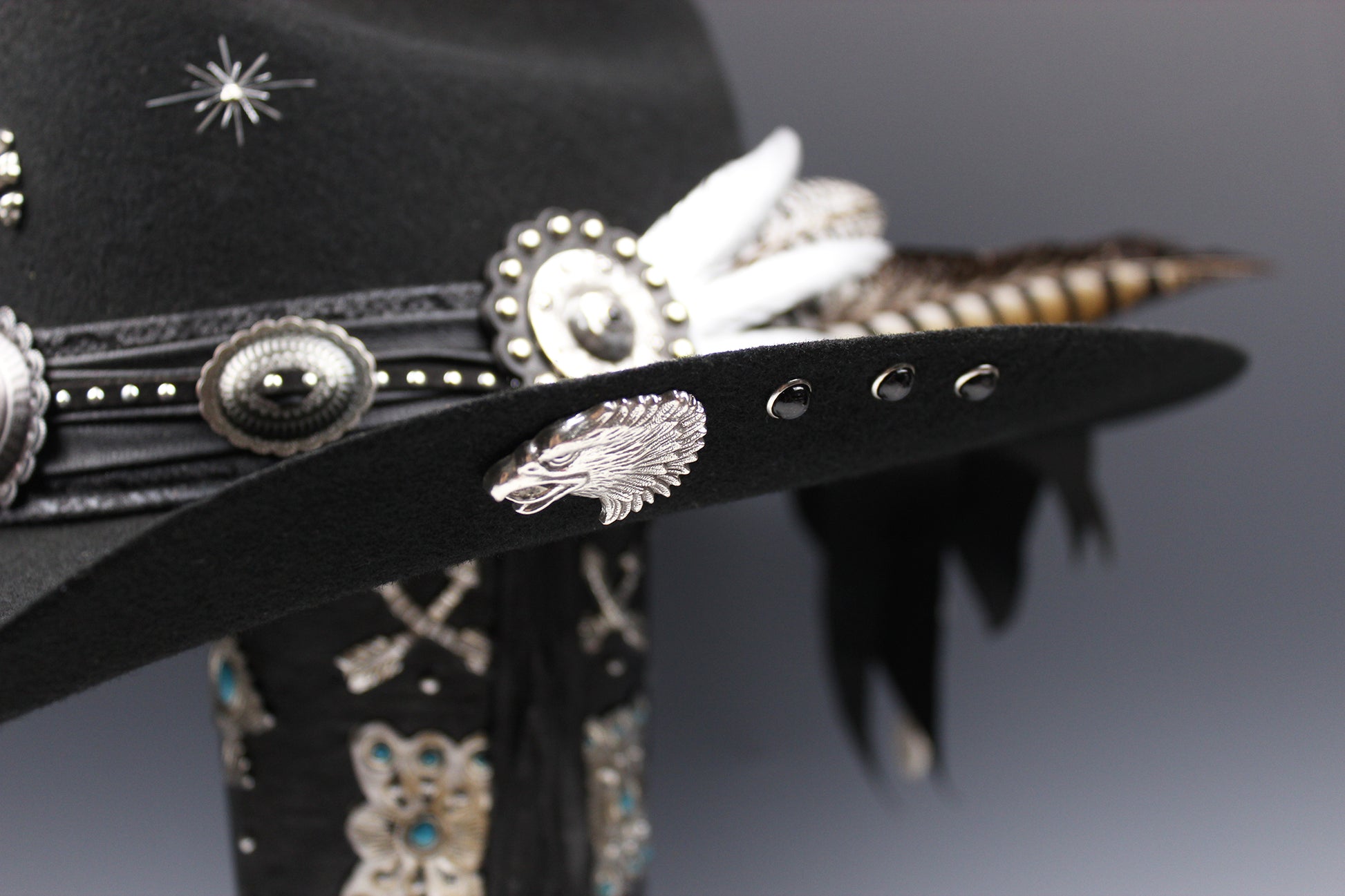 The Outlaw : Gunslinger Style Cowboy Hat with skull conchos and poker cards
