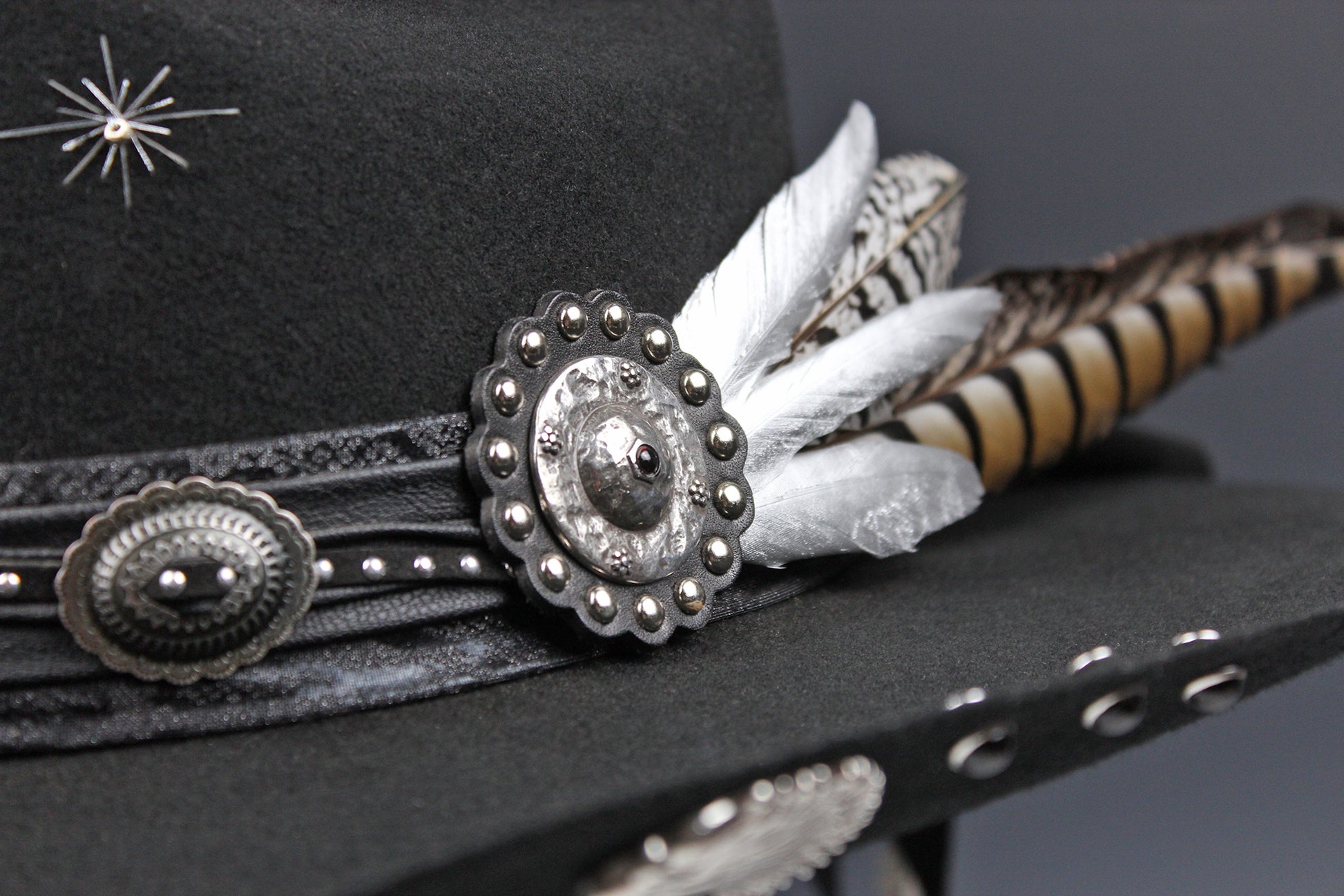 The Outlaw : Gunslinger Style Cowboy Hat with skull conchos and poker cards