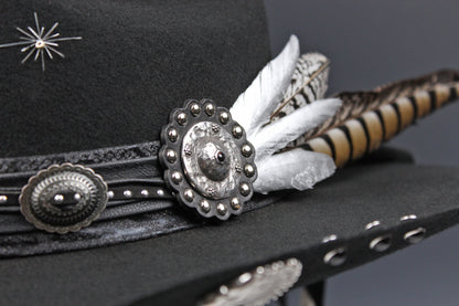The Outlaw : Gunslinger Style Cowboy Hat with skull conchos and poker cards