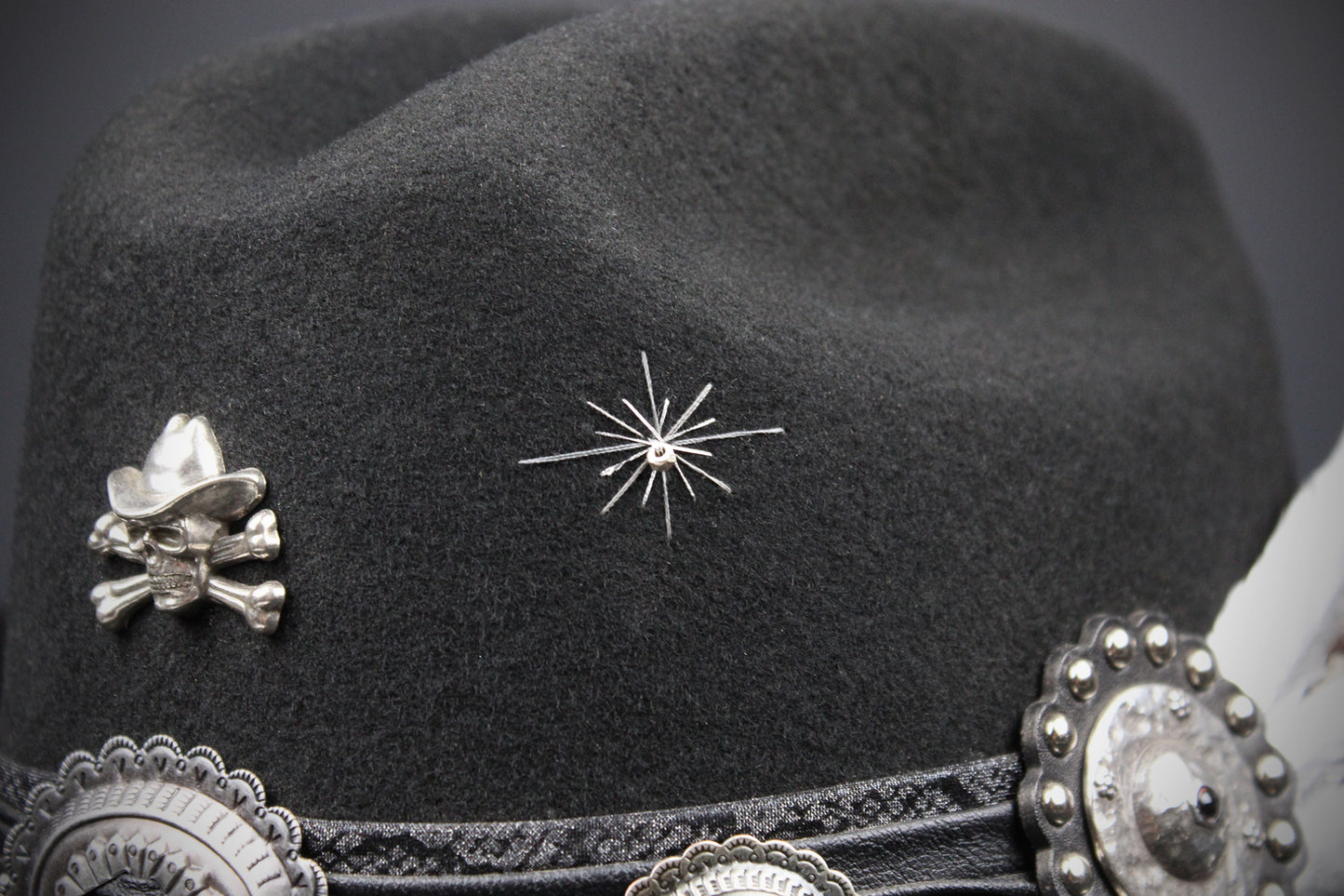 The Outlaw : Gunslinger Style Cowboy Hat with skull conchos and poker cards