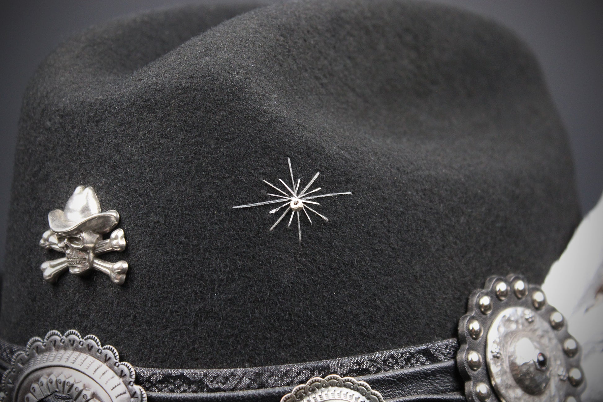 The Outlaw : Gunslinger Style Cowboy Hat with skull conchos and poker cards