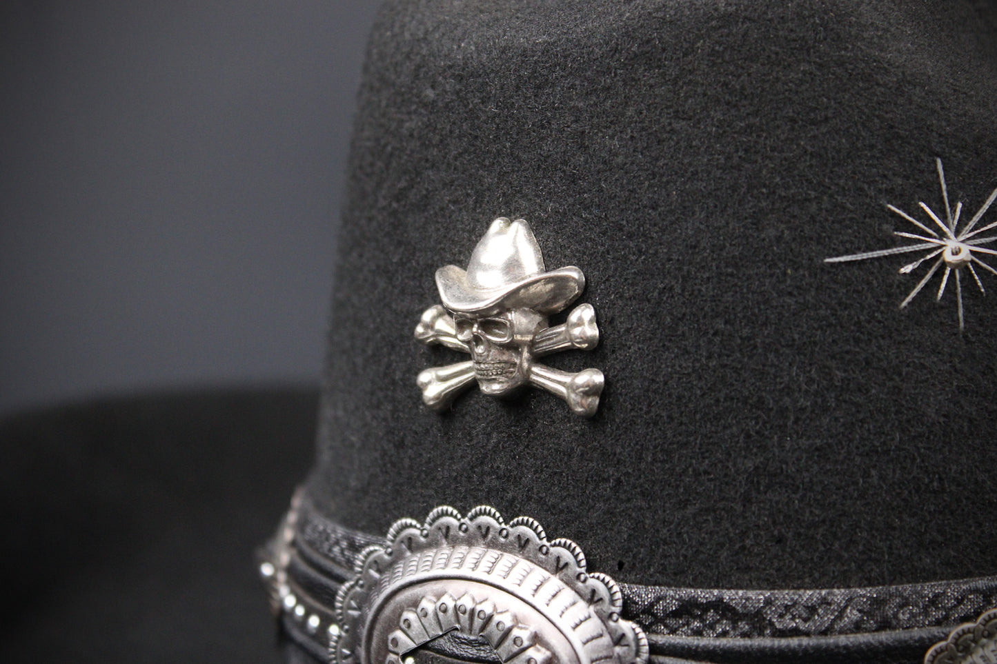 The Outlaw : Gunslinger Style Cowboy Hat with skull conchos and poker cards