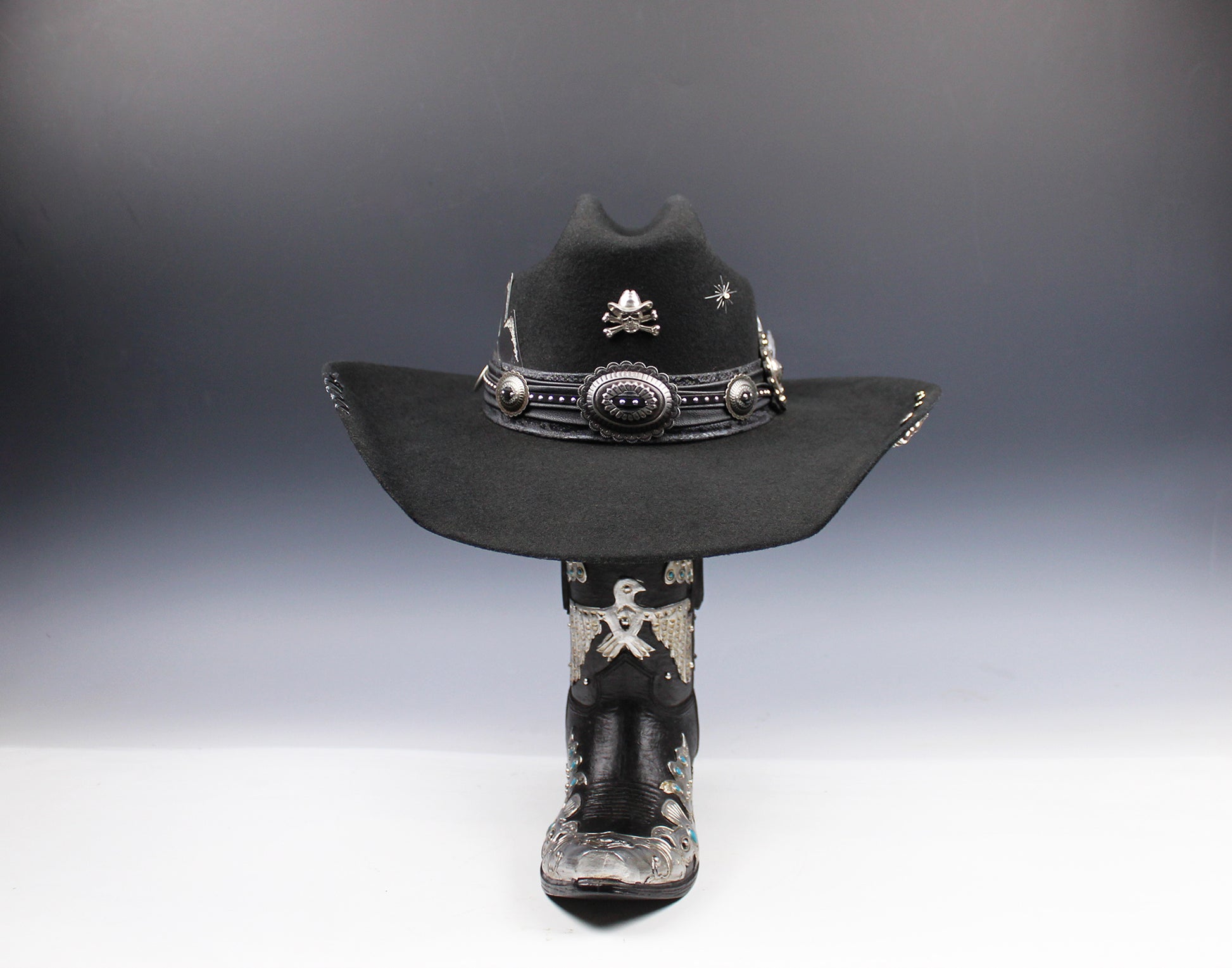 The Outlaw : Gunslinger Style Cowboy Hat with skull conchos and poker cards
