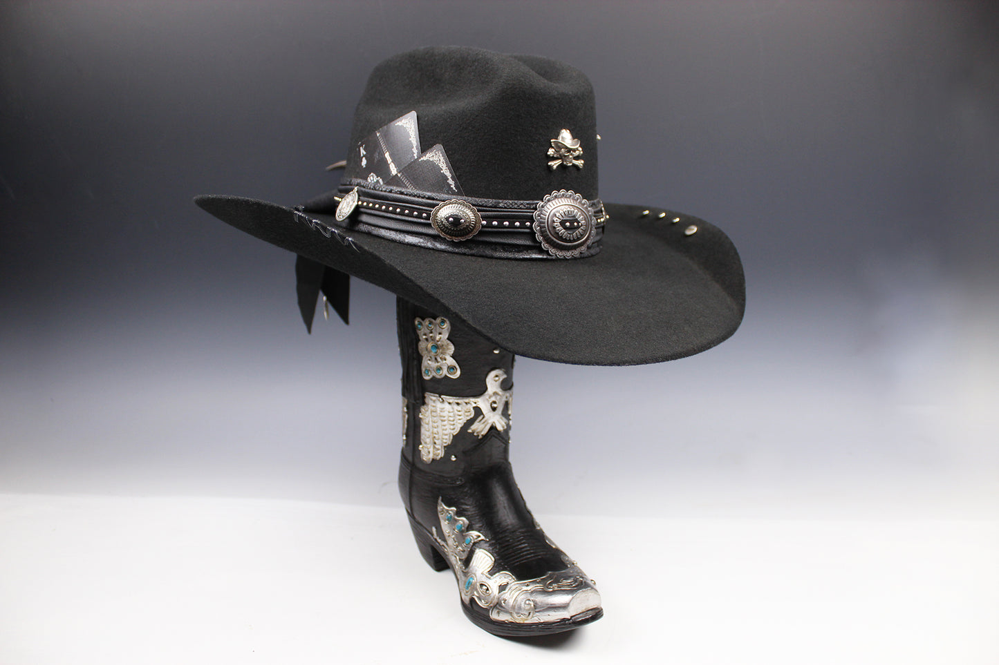 The Outlaw : Gunslinger Style Cowboy Hat with skull conchos and poker cards