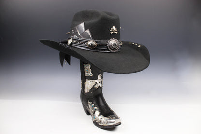 The Outlaw : Gunslinger Style Cowboy Hat with skull conchos and poker cards