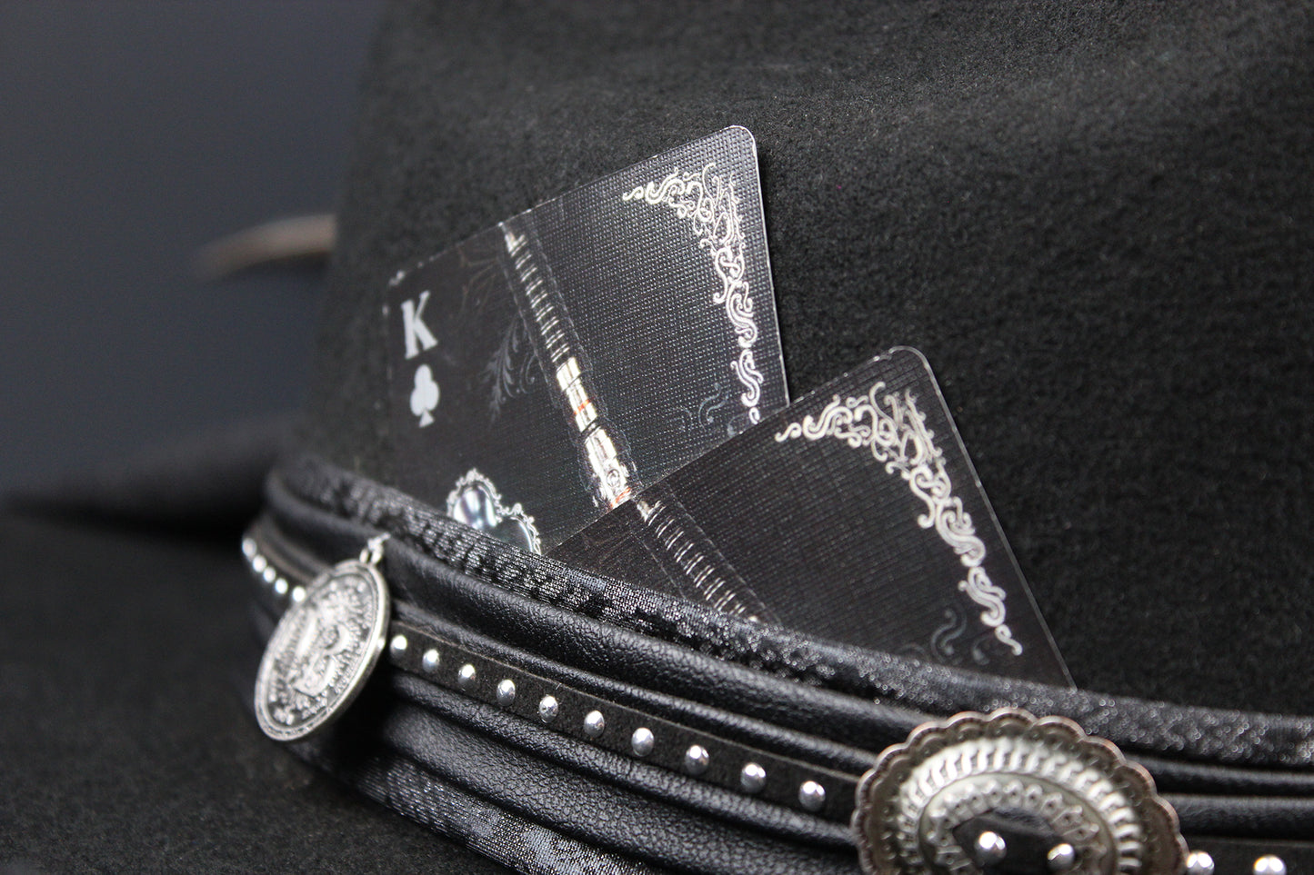 The Outlaw : Gunslinger Style Cowboy Hat with skull conchos and poker cards