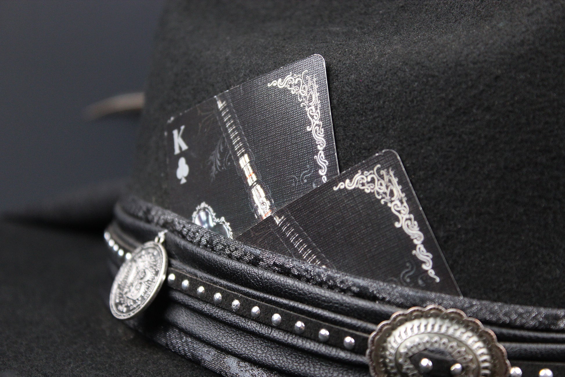 The Outlaw : Gunslinger Style Cowboy Hat with skull conchos and poker cards
