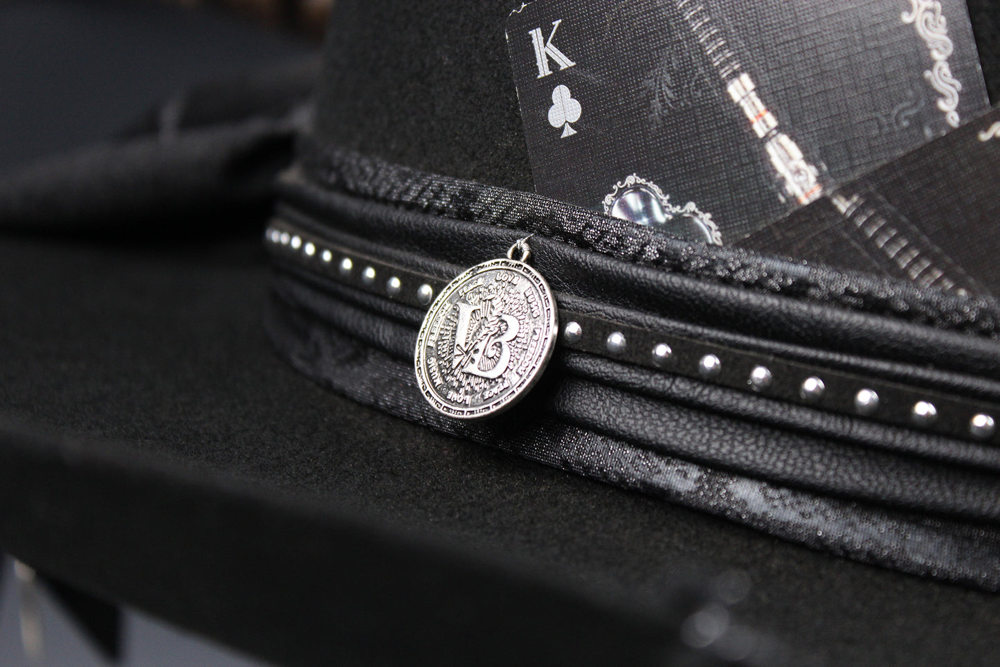 The Outlaw : Gunslinger Style Cowboy Hat with skull conchos and poker cards