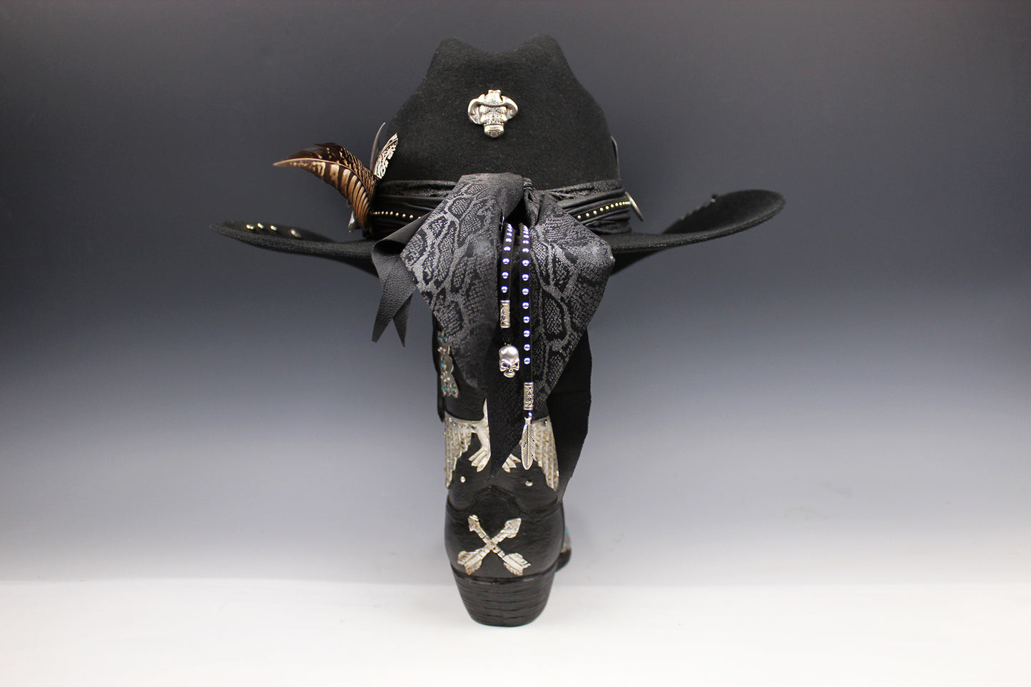 The Outlaw : Gunslinger Style Cowboy Hat with skull conchos and poker cards