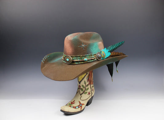 The Savannah Cowboy Hat - Brown with Distressed Effect & Turquoise Detailing