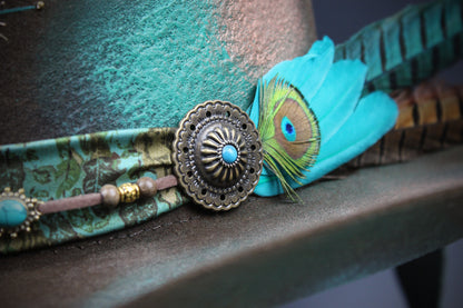 The Savannah Cowboy Hat - Brown with Distressed Effect & Turquoise Detailing