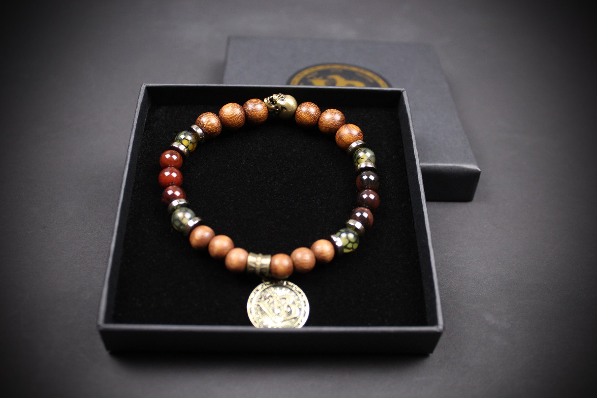 Skull Beaded Bracelet: Dragons Vein, Carnelian & Hematite with Bronze Detail