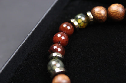 Skull Beaded Bracelet: Dragons Vein, Carnelian & Hematite with Bronze Detail