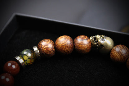 Skull Beaded Bracelet: Dragons Vein, Carnelian & Hematite with Bronze Detail