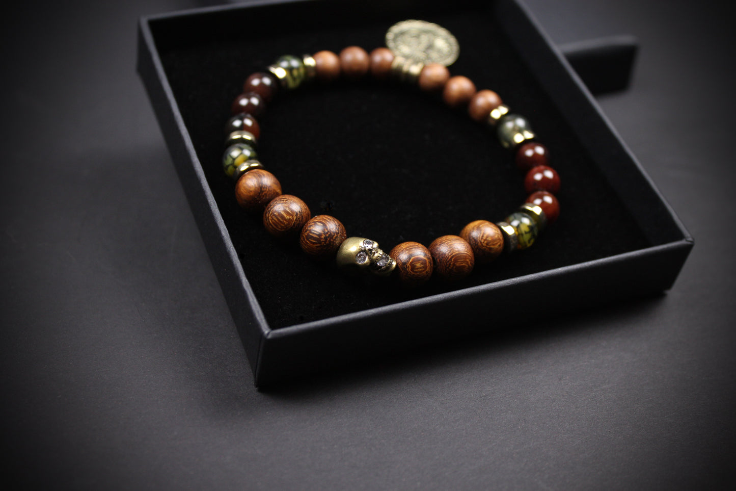 Skull Beaded Bracelet: Dragons Vein, Carnelian & Hematite with Bronze Detail