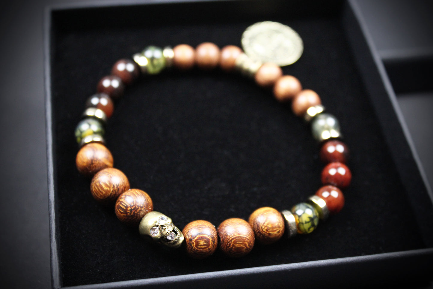 Skull Beaded Bracelet: Dragons Vein, Carnelian & Hematite with Bronze Detail