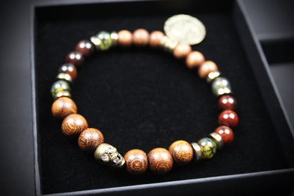 Skull Beaded Bracelet: Dragons Vein, Carnelian & Hematite with Bronze Detail