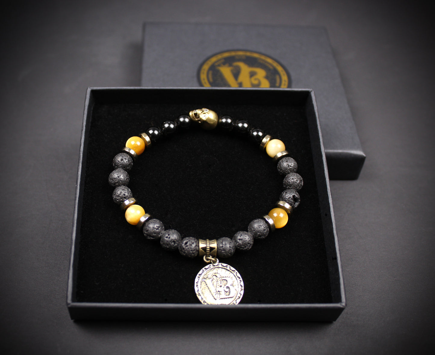 Skull Beaded Bracelet: Tiger's Eye, Onyx, Lava Stone & Hematite with Bronze Detail