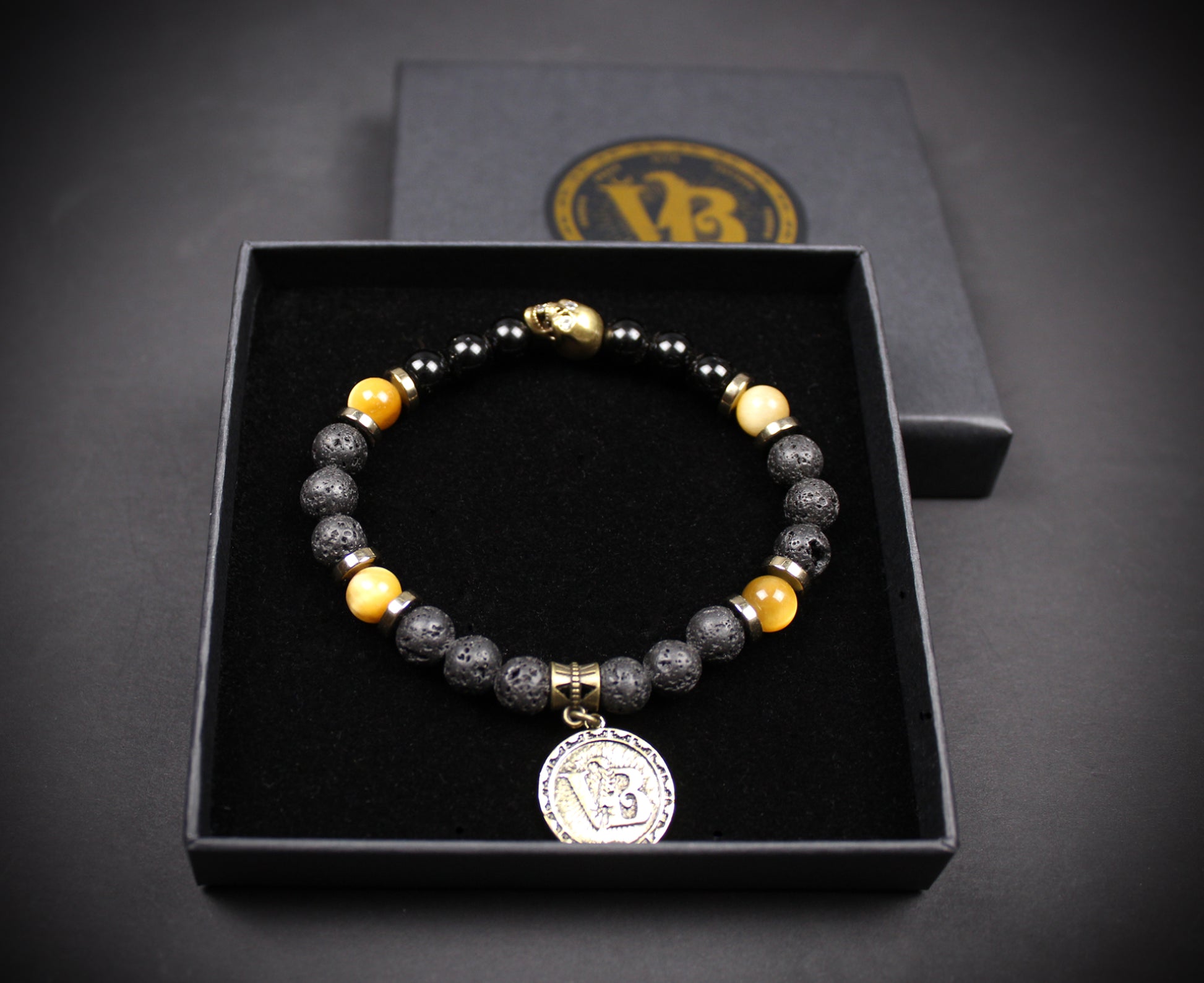 Skull Beaded Bracelet: Tiger's Eye, Onyx, Lava Stone & Hematite with Bronze Detail
