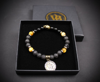 Skull Beaded Bracelet: Tiger's Eye, Onyx, Lava Stone & Hematite with Bronze Detail