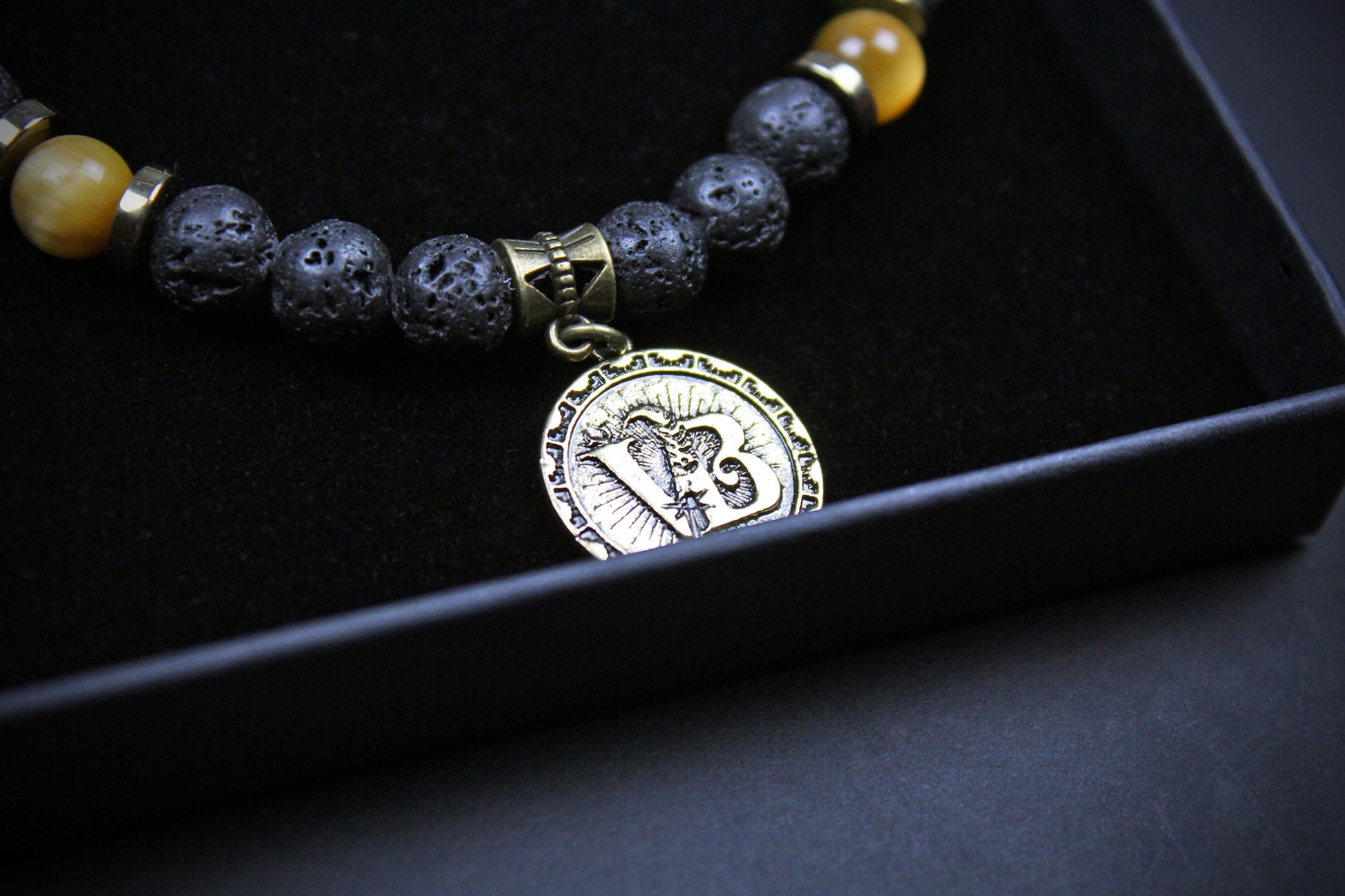 Skull Beaded Bracelet: Tiger's Eye, Onyx, Lava Stone & Hematite with Bronze Detail