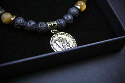 Skull Beaded Bracelet: Tiger's Eye, Onyx, Lava Stone & Hematite with Bronze Detail