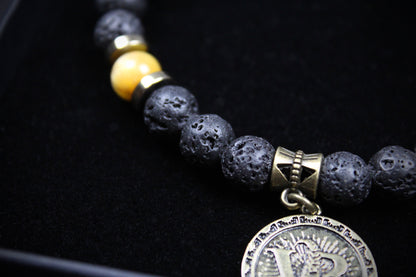 Skull Beaded Bracelet: Tiger's Eye, Onyx, Lava Stone & Hematite with Bronze Detail