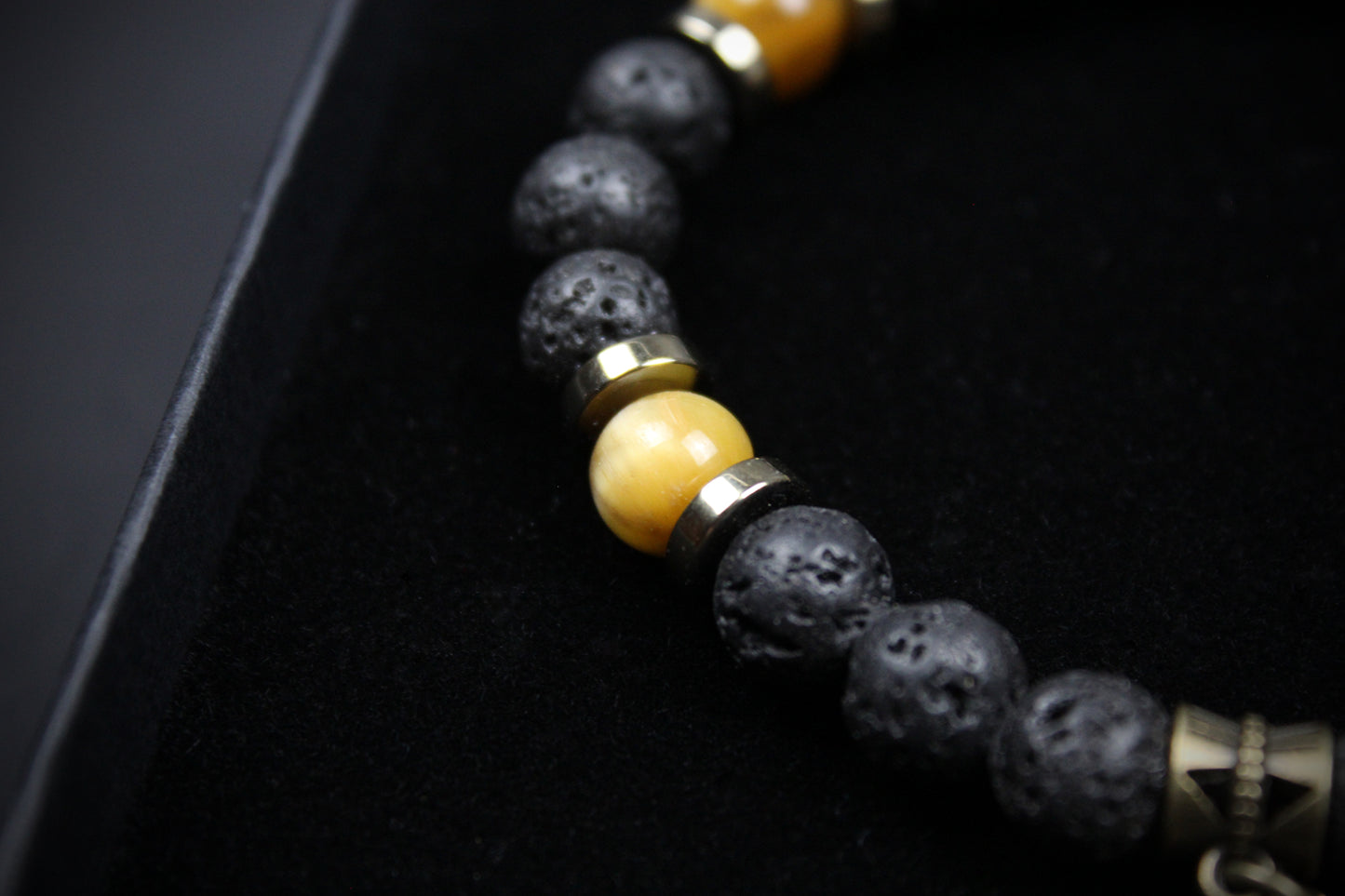 Skull Beaded Bracelet: Tiger's Eye, Onyx, Lava Stone & Hematite with Bronze Detail