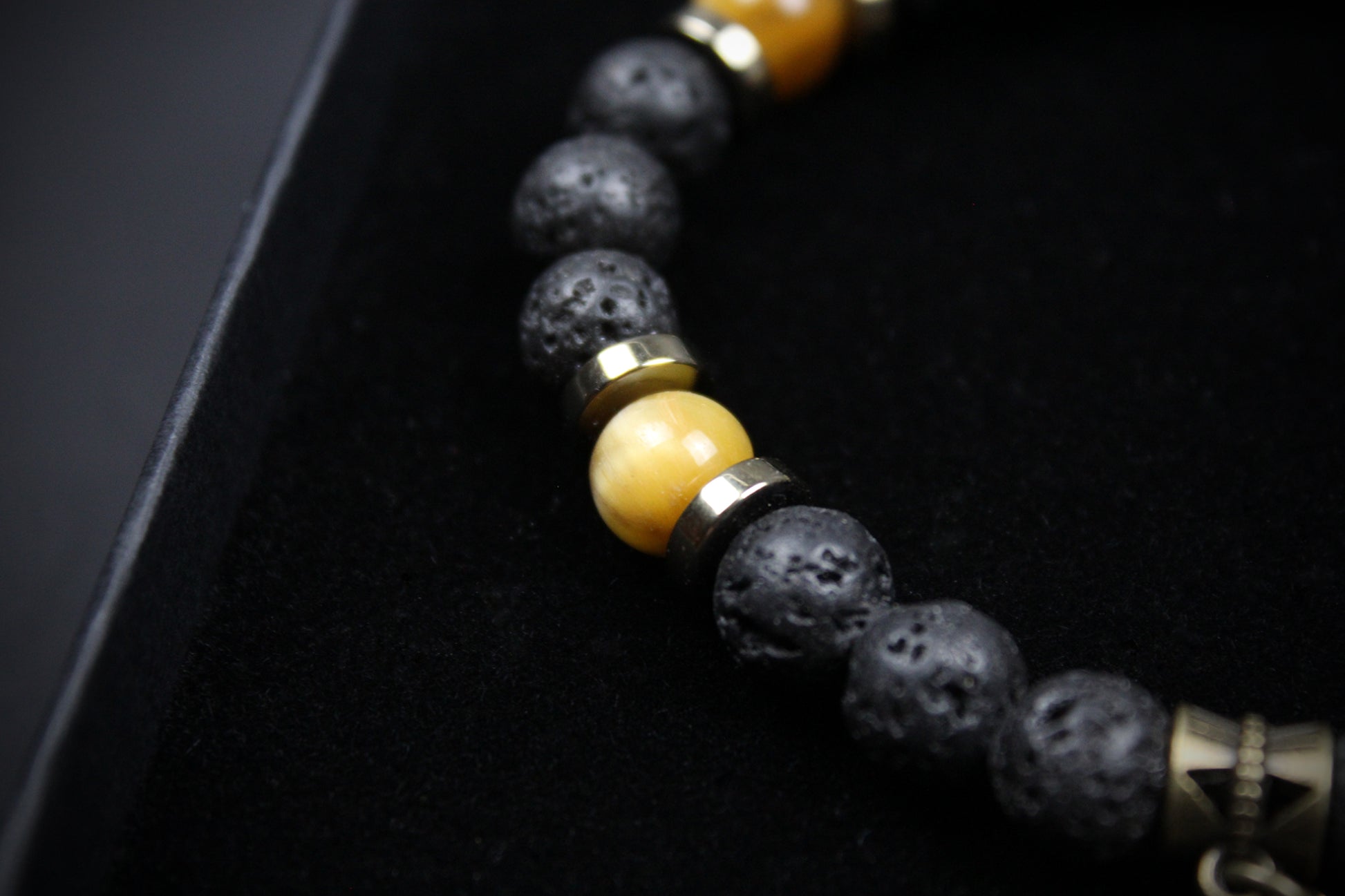 Skull Beaded Bracelet: Tiger's Eye, Onyx, Lava Stone & Hematite with Bronze Detail