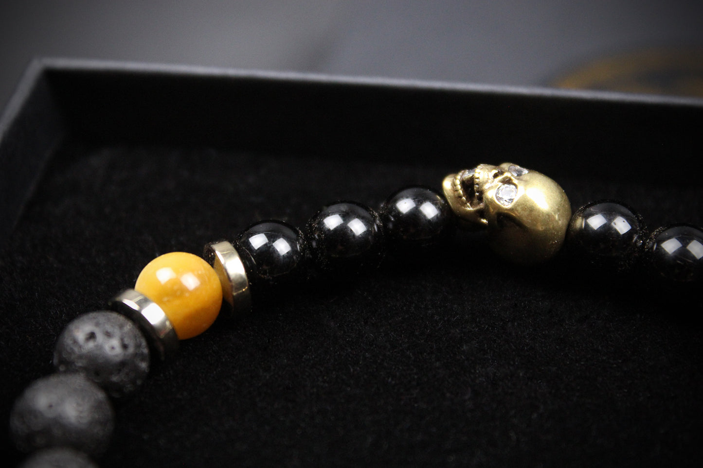 Skull Beaded Bracelet: Tiger's Eye, Onyx, Lava Stone & Hematite with Bronze Detail