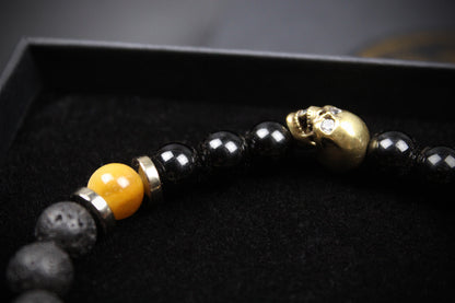 Skull Beaded Bracelet: Tiger's Eye, Onyx, Lava Stone & Hematite with Bronze Detail