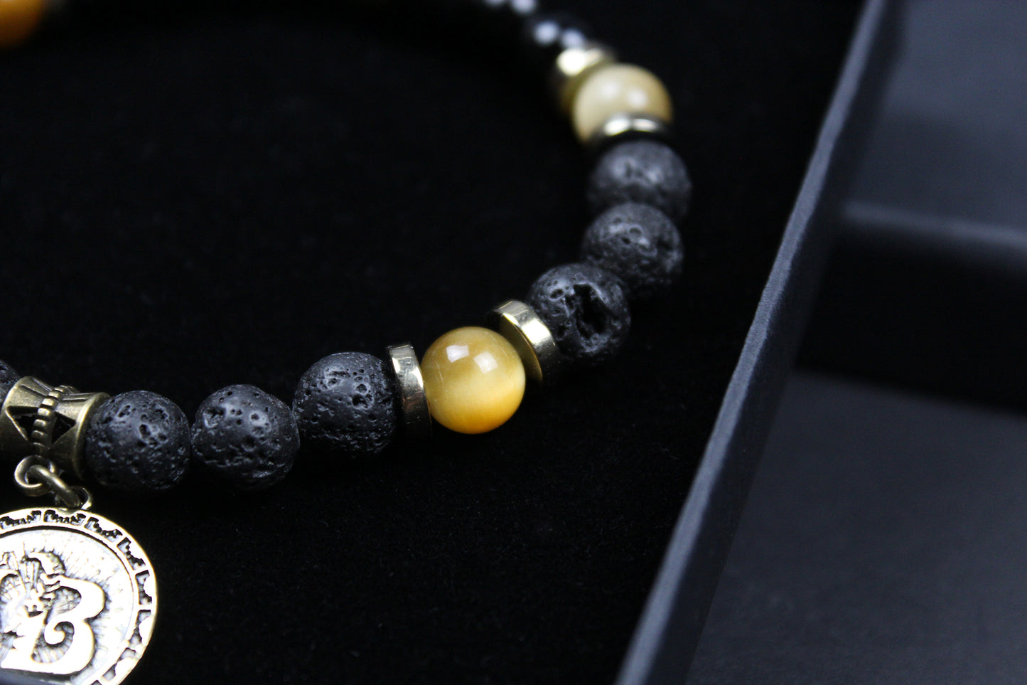 Skull Beaded Bracelet: Tiger's Eye, Onyx, Lava Stone & Hematite with Bronze Detail
