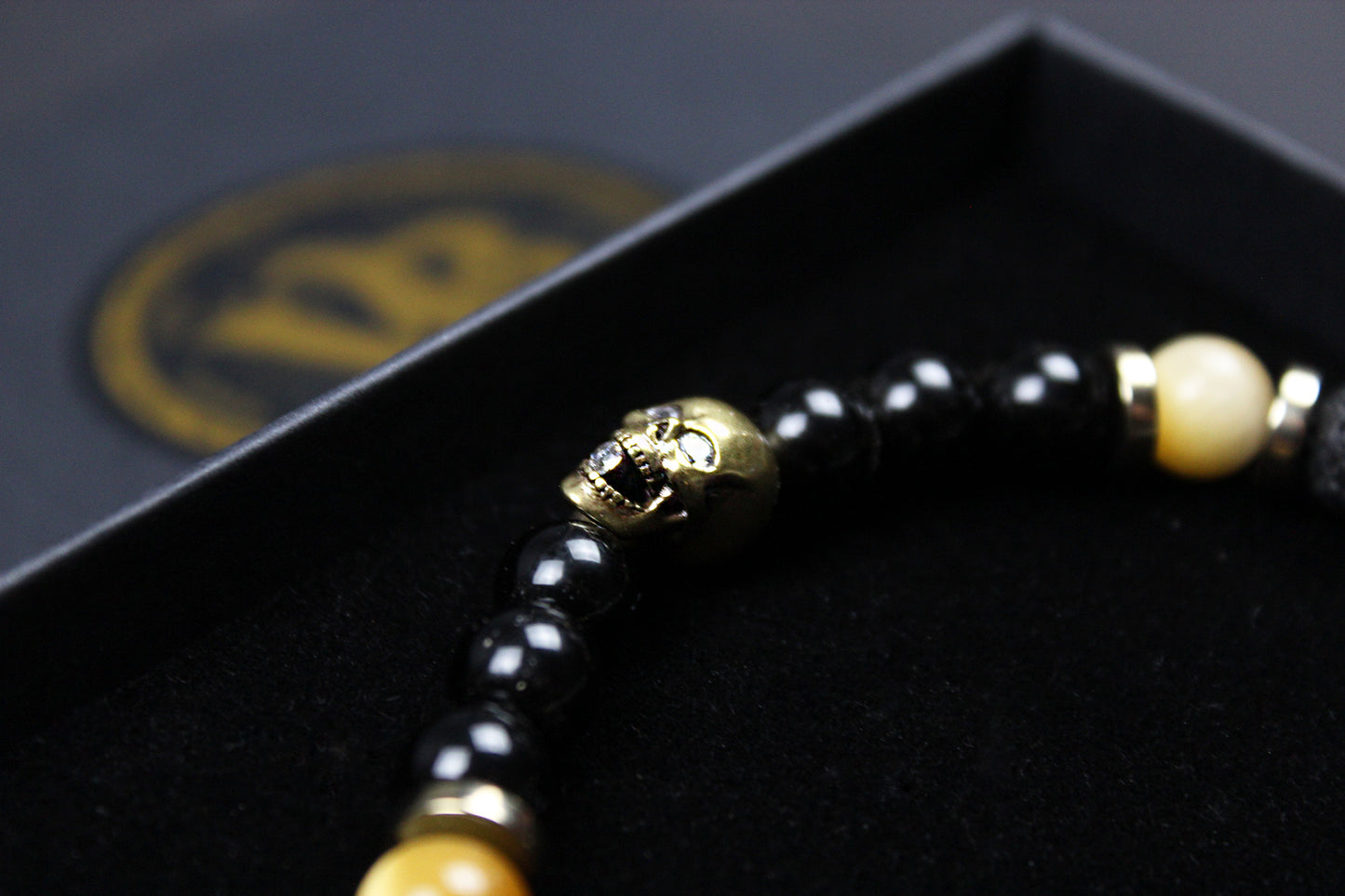 Skull Beaded Bracelet: Tiger's Eye, Onyx, Lava Stone & Hematite with Bronze Detail