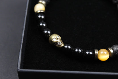 Skull Beaded Bracelet: Tiger's Eye, Onyx, Lava Stone & Hematite with Bronze Detail