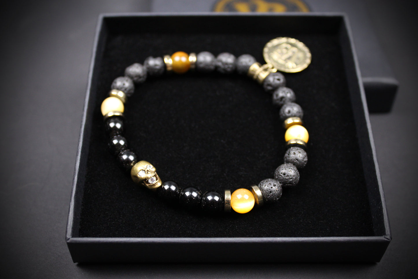 Skull Beaded Bracelet: Tiger's Eye, Onyx, Lava Stone & Hematite with Bronze Detail