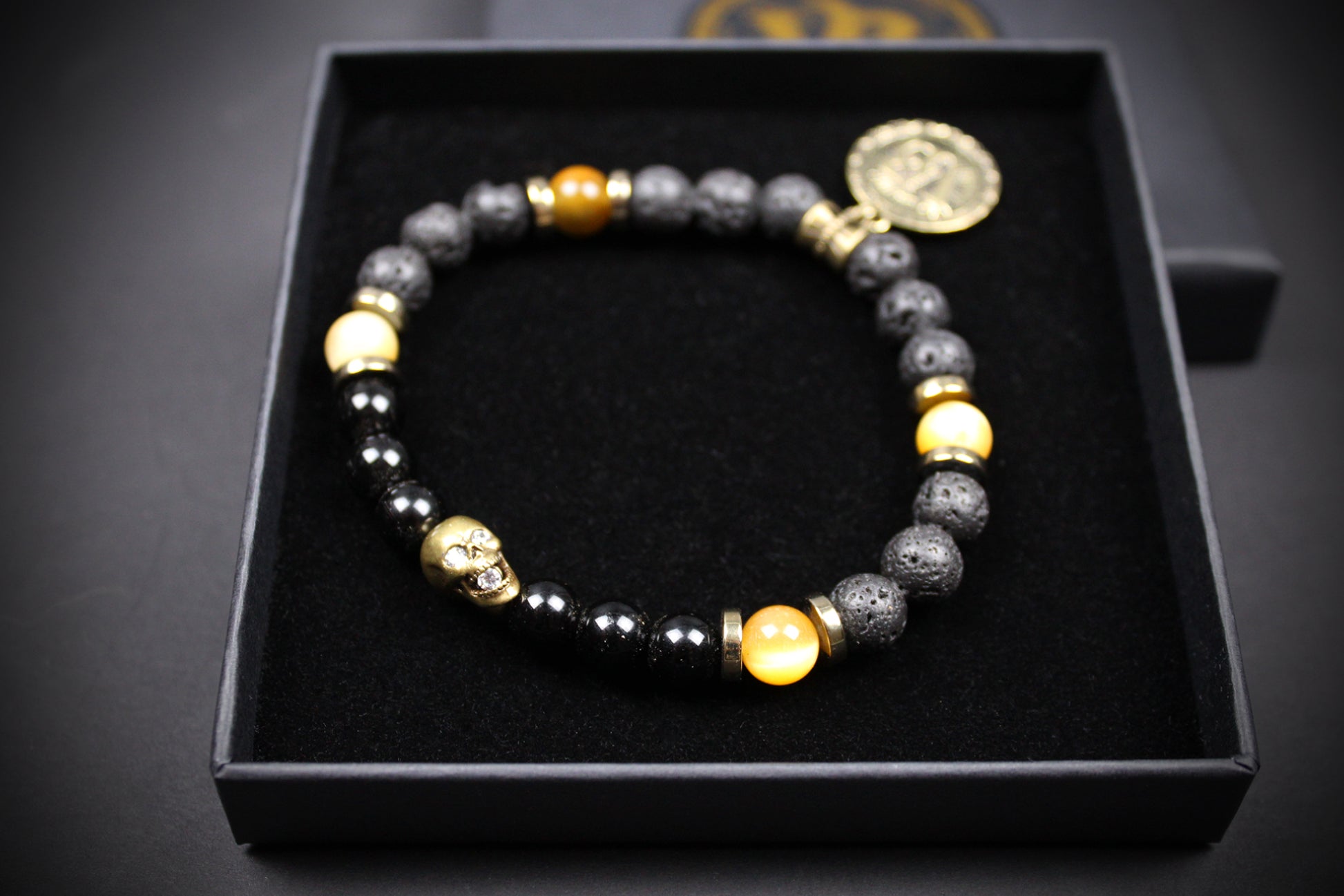 Skull Beaded Bracelet: Tiger's Eye, Onyx, Lava Stone & Hematite with Bronze Detail