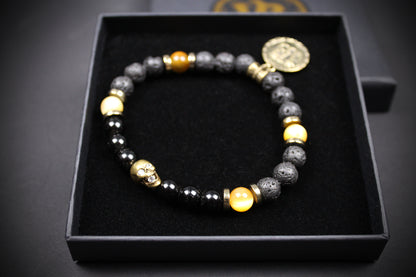 Skull Beaded Bracelet: Tiger's Eye, Onyx, Lava Stone & Hematite with Bronze Detail