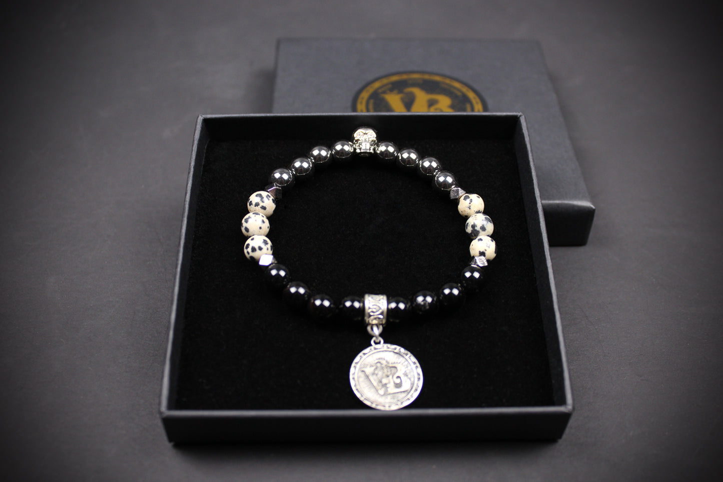 Skull Beaded Bracelet: Dalmatian Jasper, Onyx, Lava Stone & Hematite with Silver Detail