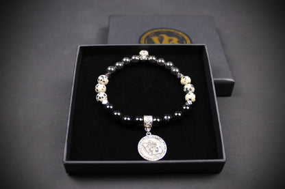 Skull Beaded Bracelet: Dalmatian Jasper, Onyx, Lava Stone & Hematite with Silver Detail