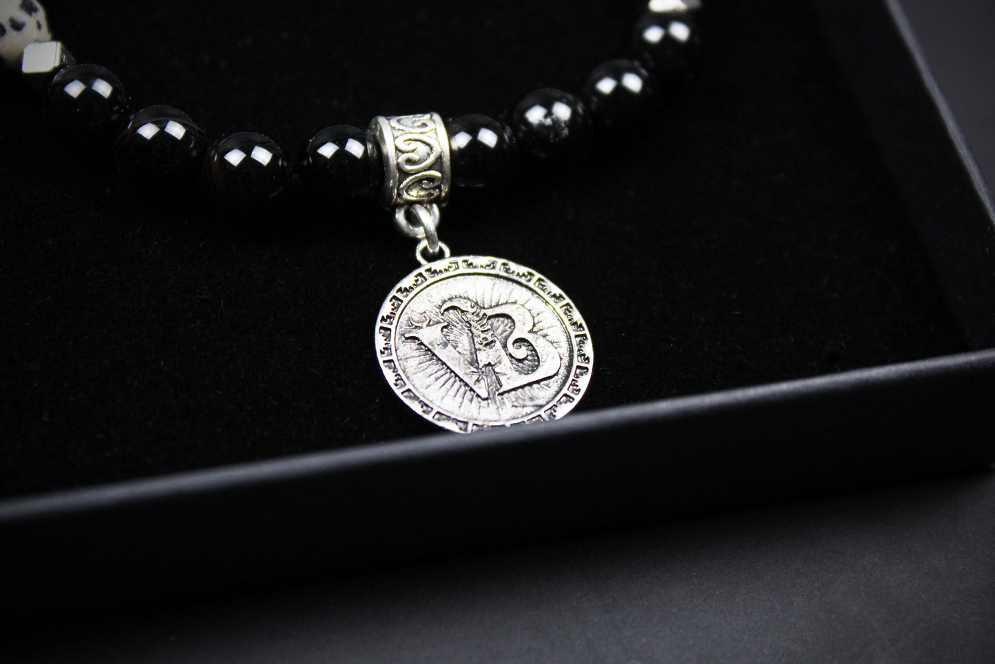 Skull Beaded Bracelet: Dalmatian Jasper, Onyx, Lava Stone & Hematite with Silver Detail