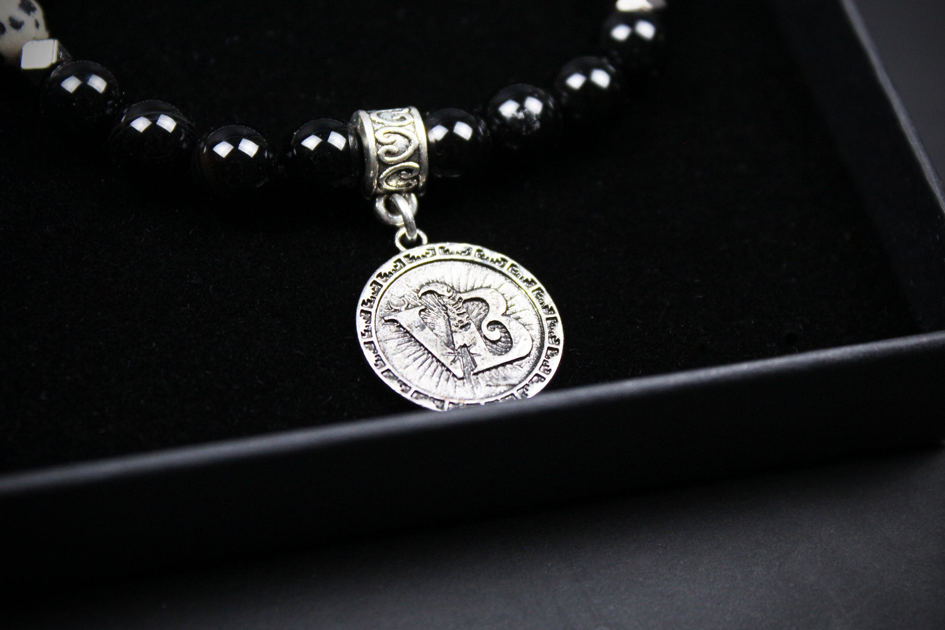 Skull Beaded Bracelet: Dalmatian Jasper, Onyx, Lava Stone & Hematite with Silver Detail