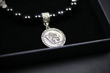 Skull Beaded Bracelet: Dalmatian Jasper, Onyx, Lava Stone & Hematite with Silver Detail